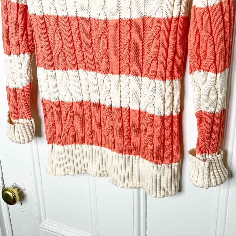 J. Crew Striped Cable Knit Cotton Sweater Cream Coral Salmon Size Medium - Picture 5 of 7